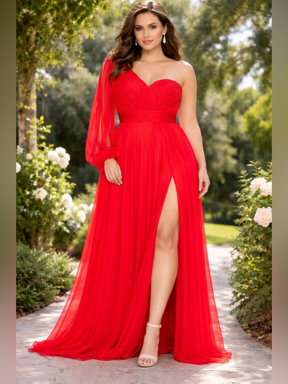 Mac Duggal One-Shoulder Red Chiffon Evening Gown